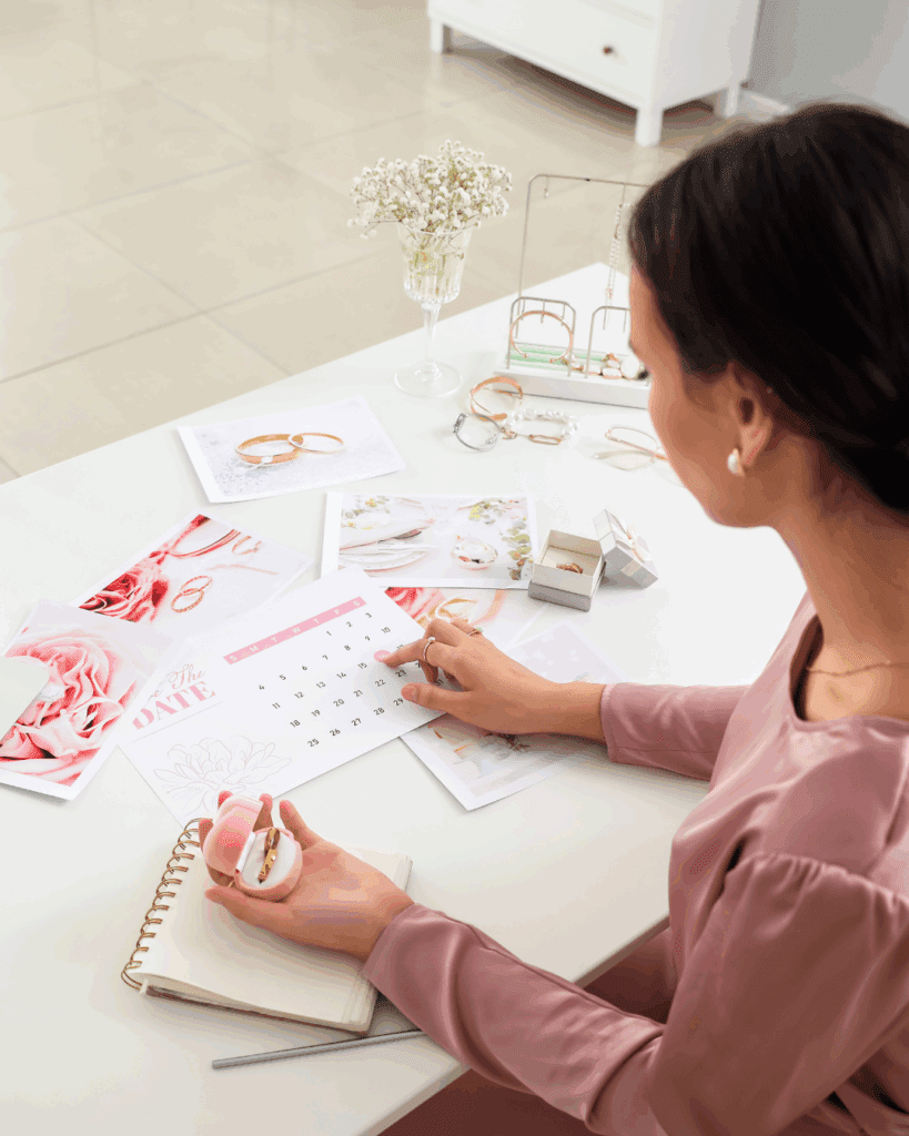 Destination wedding planner looking at desk