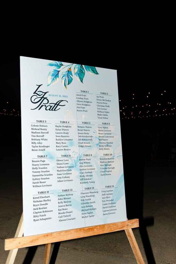 blue and white floral wedding seating chart