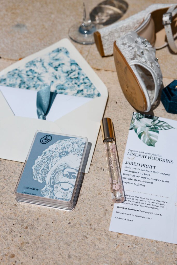 blue and white wedding details