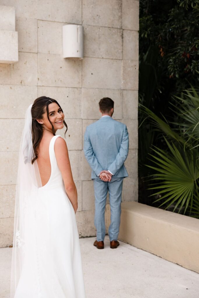 wedding first look with bride and groom