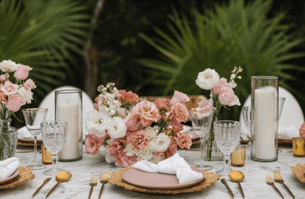 Pink & white wedding floral centrepiece with gold charger plates and tall candles at a UNICO 20°87° Hotel Riviera Maya wedding reception