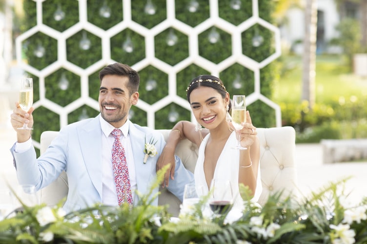 Bride and groom at wedding reception at Guest hotel room at UNICO 20°87° Hotel Riviera Maya
