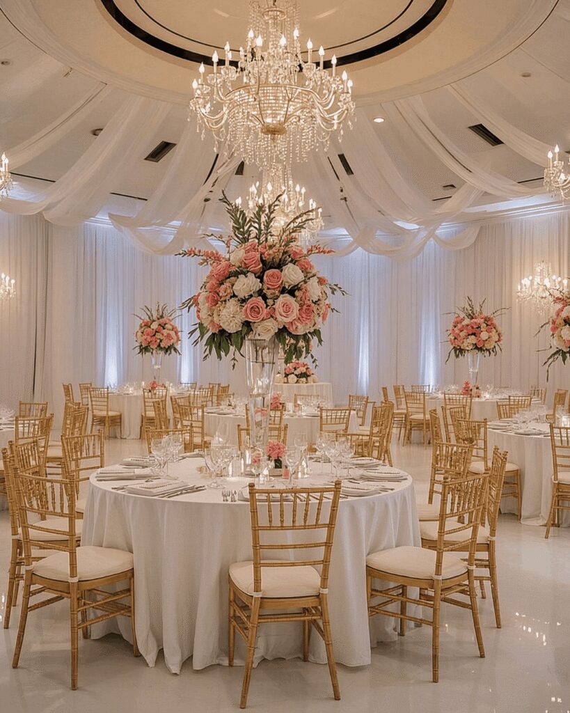 White and gold wedding reception decor at large destination wedding