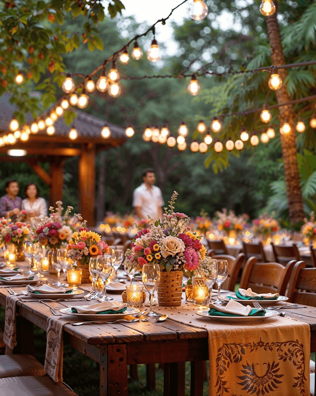 Outdoor wedding reception with wood tables & colorful decor at a destination wedding