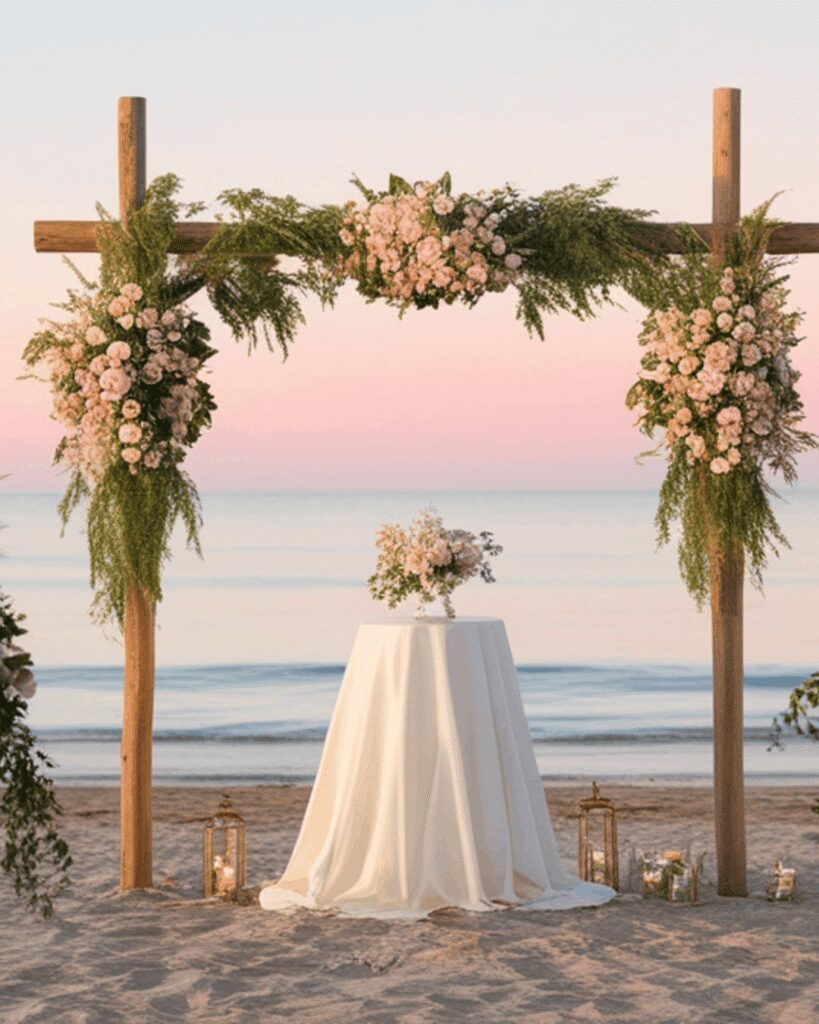 Beach wedding ceremony at a destination wdding with wood arch & pink florals